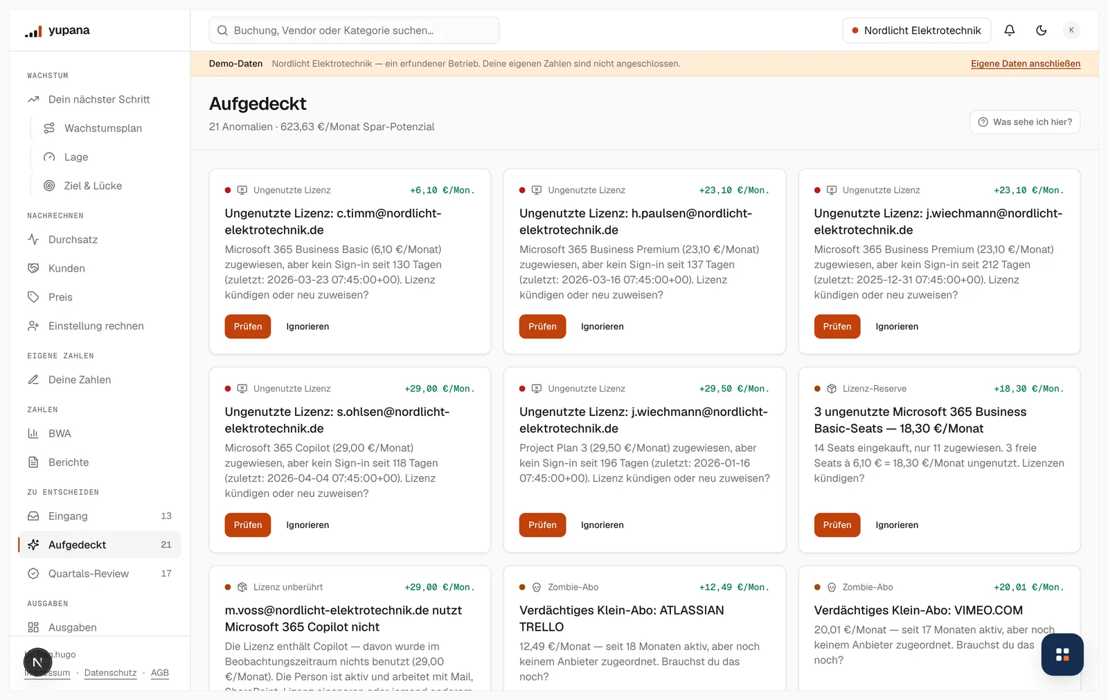 Die Seite Aufgedeckt mit Karten je Fund: ungenutzte Microsoft-365-Lizenzen mit dem Datum der letzten Anmeldung und dem Betrag je Monat, ein Preisanstieg bei Autodesk um 17 Prozent und verdächtige Klein-Abos.
