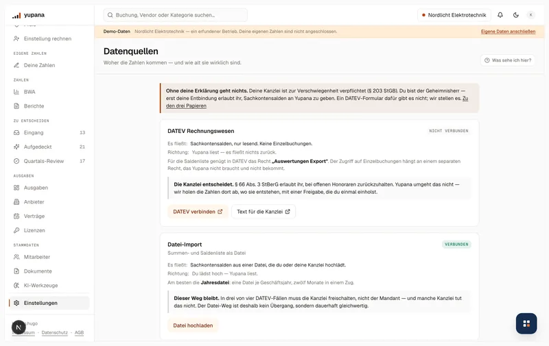 Die Datenquellen-Seite des Demo-Mandanten: je Verbindung eine Zeile mit Zustand, letztem Abruf und der Zahl der übernommenen Datensätze.