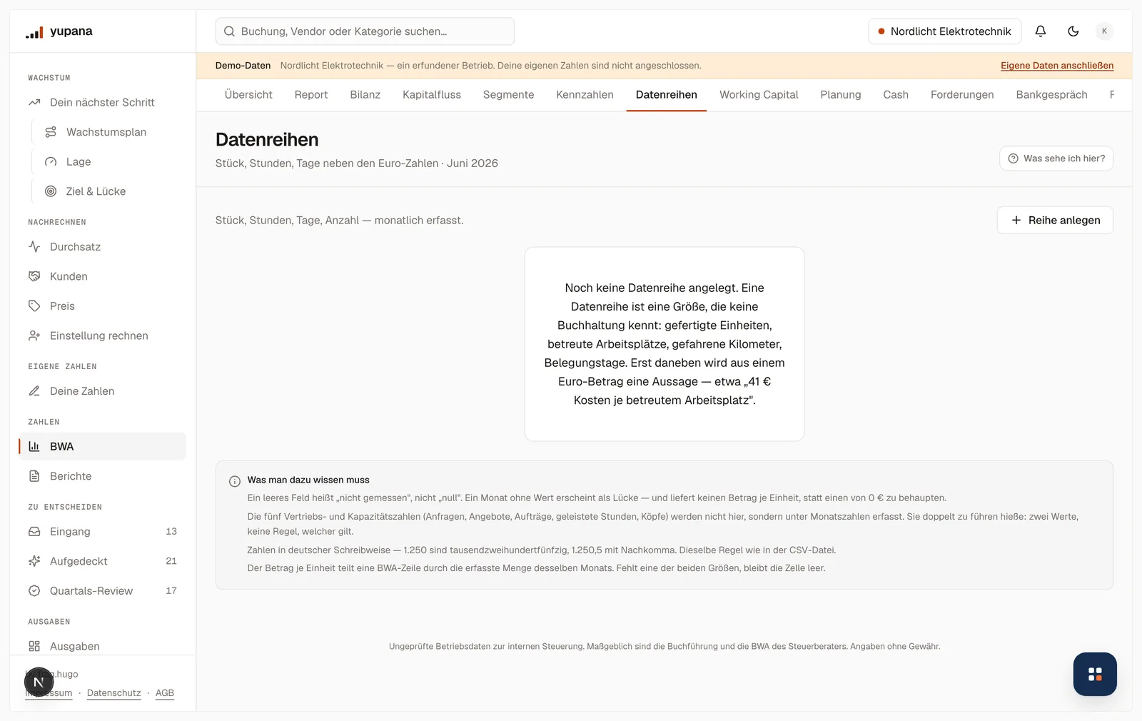 Die Seite Datenreihen im Ausgangszustand: „Stück, Stunden, Tage, Anzahl — monatlich erfasst“, darunter der Knopf „Reihe anlegen“ und der Hinweis, dass noch keine Datenreihe angelegt ist, mit Beispielen für mögliche Größen.