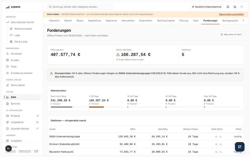 Die Forderungsseite des Demo-Mandanten: der offene Bestand nach Alter gestaffelt, daneben die Zusammensetzung aus Rechnungen und Zahlungen ohne Zuordnung.