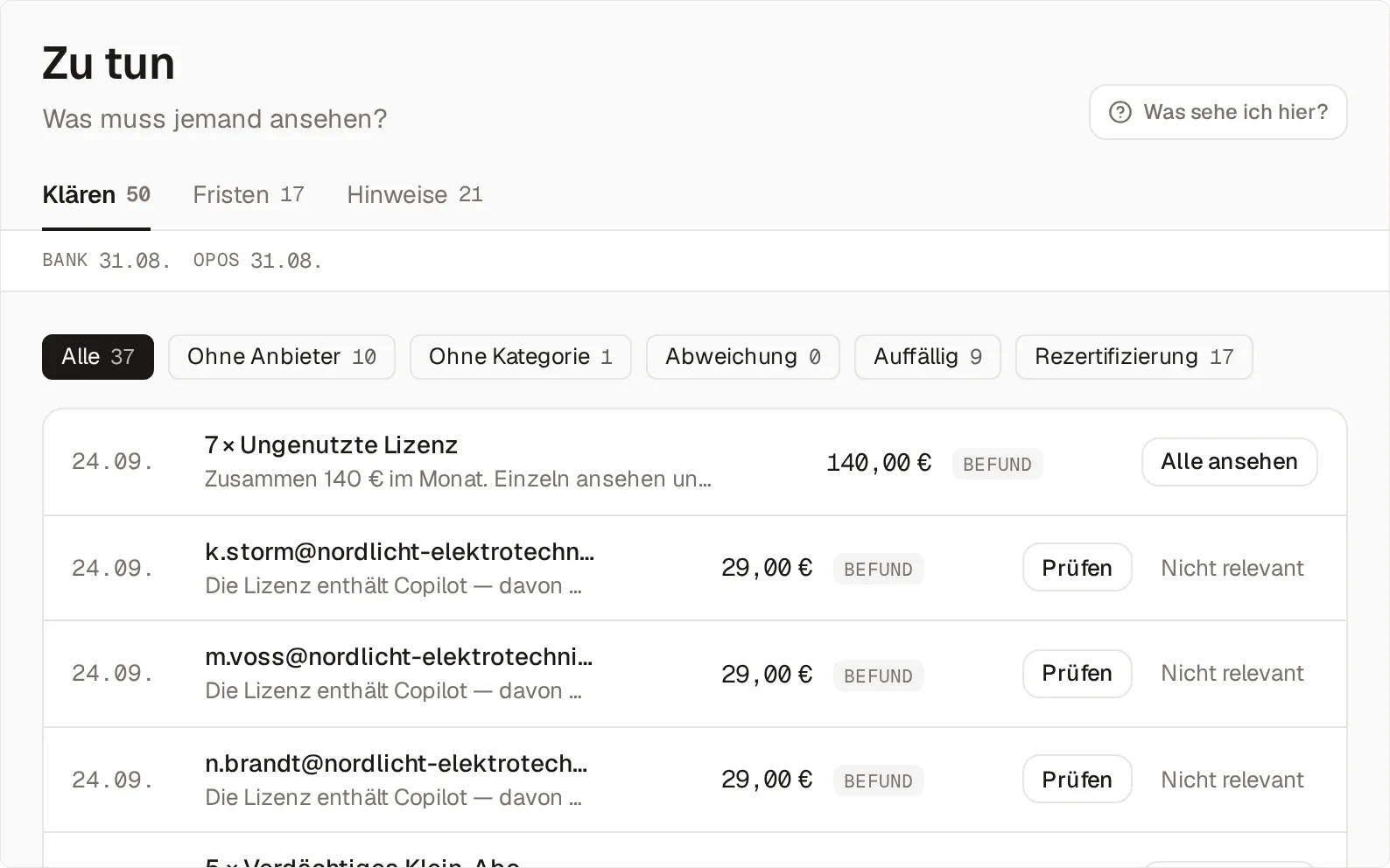 Der Reiter Klären im Bereich Zu tun (Klären 50, Fristen 17, Hinweise 21) mit dem Datenstand Bank und offene Posten 31.08.: oben die Filter-Chips Alle 37, Ohne Anbieter 10, Ohne Kategorie 1, Abweichung 0, Auffällig 9 und Rezertifizierung 17, darunter die Liste mit Datum, Bezeichnung, Betrag, Herkunftschip und Handlungsknöpfen je Zeile — etwa „7 × Ungenutzte Lizenz“ über 140,00 € mit „Alle ansehen“ und drei Lizenzen zu je 29,00 € mit dem Hinweis „Die Lizenz enthält Copilot“, jeweils mit „Prüfen“ und „Nicht relevant“.