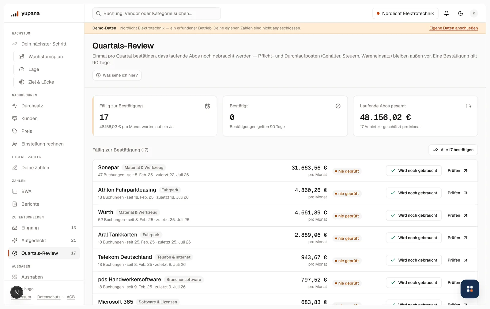 Das Quartals-Review mit 17 fälligen Bestätigungen über 48.156,02 Euro im Monat: je Anbieter die Zahl der Buchungen, der Zeitraum, der Monatsbetrag und der Knopf „Wird noch gebraucht