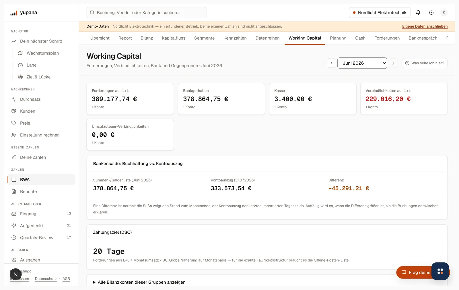 Working Capital für Juni 2026: Forderungen aus Lieferungen und Leistungen 389.177,74 Euro, Bankguthaben 378.864,75 Euro, Kasse 3.400 Euro, Verbindlichkeiten aus Lieferungen und Leistungen 229.016,20 Euro, darunter der Abgleich zwischen Saldenliste und Kontoauszug.