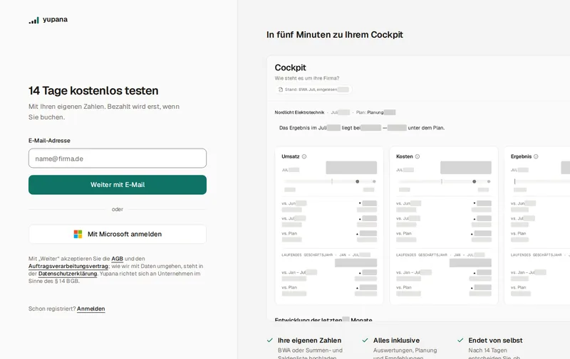 Die Registrierung bei Yupana: eine E-Mail-Adresse oder das Microsoft-Konto, danach die eigene Firma.